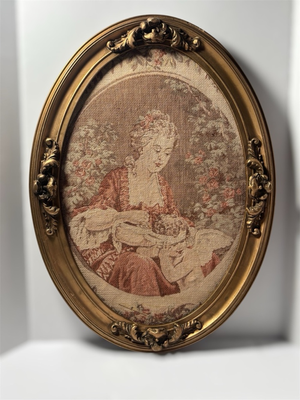 Vintage Rococo Oval Tapestry Gold French Provincial Frame